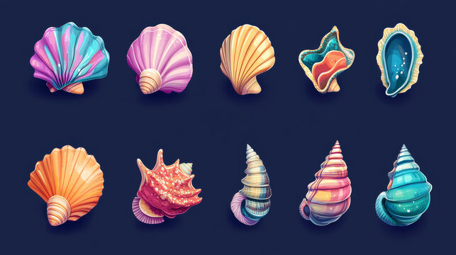 Sea or ocean shell game ui icon collection. Cartoon vector illustration set of colorful marine underwater creatures with conch. Aquarium and seabed snail horned clam, closed scallop and shellfish.