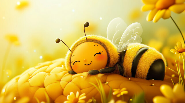 Cute and funny baby bee character set with honey. Happy mascot bug with flower. Isolated bumblebee emotion expression comic icon. Small flying insect laughing and having yummy lunch or sleep on pillow
