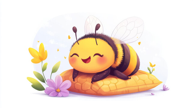 Cute and funny baby bee character set with honey. Happy mascot bug with flower. Isolated bumblebee emotion expression comic icon. Small flying insect laughing and having yummy lunch or sleep on pillow
