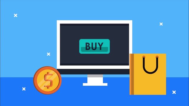 Online shopping concept with computer monitor coin and shopping bag in flat vector design