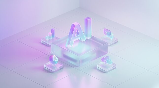 Futuristic isometric glass platform with artificial intelligence logo and holographic data icons set.