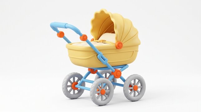 Yellow toy baby stroller with blue frame and grey wheels for nursery decoration or parenting concepts.