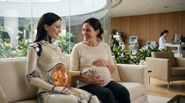 Pregnant woman smiling and talking with humanoid robot on a sofa in a modern clinic lounge; robot displays a glowing fetus-like hologram in its abdomen