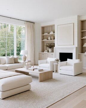 Bright modern neutral tone living room with beige sofa white fireplace and large garden window showing contemporary minimalist scandinavian home interior design