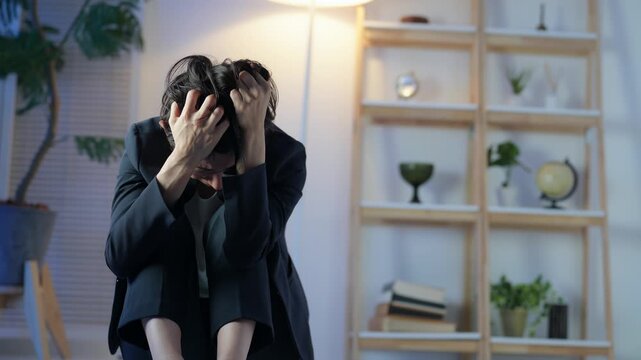 暗い部屋で落ち込むミドル女性。悩み、不安、心配、ストレス、うつ、絶望、メンタルヘルス、後悔、失敗