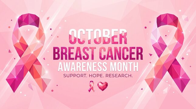 Pink geometric ribbons on a pink polygonal banner with sparkles and confetti. White and magenta text reads &ldquo;OCTOBER BREAST CANCER AWARENESS MONTH&rdquo; and &ldquo;SUPPORT. HOPE. RESEARCH.&rdquo;