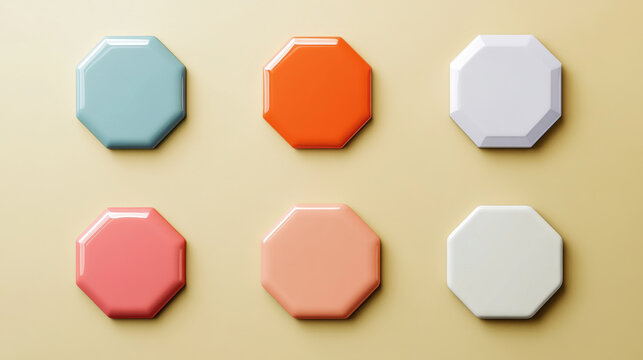 White blank pin badge mockup for promotion and advertising. Glossy brooch tag with of different shapes - round and square, hexagon and pentagon. 3d realistic vector set of empty merch template.