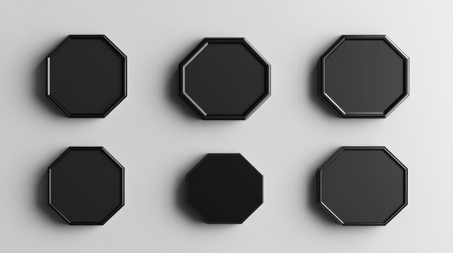 White blank pin badge mockup for promotion and advertising. Glossy brooch tag with of different shapes - round and square, hexagon and pentagon. 3d realistic vector set of empty merch template.