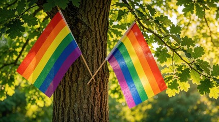 Obraz premium Two rainbow pride flags attached to oak tree trunk in green forest. LGBTQ community symbols hang on wood bark among summer leaves. Colorful lgbtq flags represent equality, diversity in natural