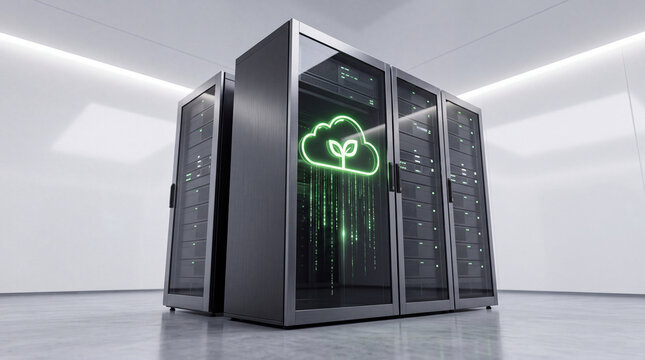 Modern data center server racks in a bright white room featuring a glowing green cloud and sprout icon, representing sustainable cloud computing, eco-friendly technology, and green IT solutions.
