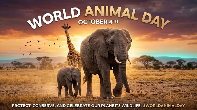 Elephant and calf walking on savanna at sunset with giraffe behind and birds flying. Text: "WORLD ANIMAL DAY&rdquo;, &ldquo;OCTOBER 4TH&rdquo;, &ldquo;PROTECT, CONSERVE, AND CELEBRATE OUR PLANET'S WILDLIFE. WORLDANIMALDAY