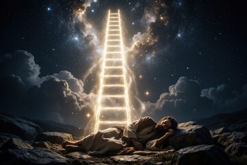 Obraz premium Biblical man Jacob slepic on rocky desert ground under starry night sky. Radiant light ladder rises toward heaven from dream. Divine spiritual vision shows holy connection between earth, celestial