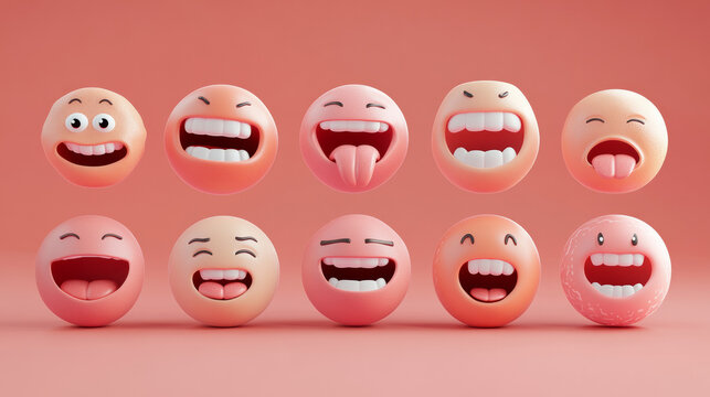 3d render face emoji, eyes and mouths set. Funny cute cartoon personage different expressions and emotions. Smile with teeth, sticking out tongue, laughing, exhausted, Illustration in. 3D Illustration