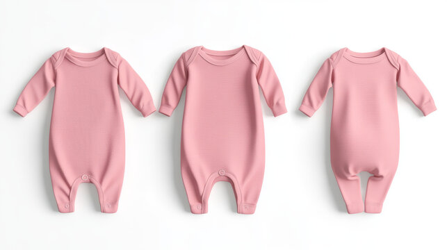 Baby bodysuit, pink infant romper with long sleeves front, back and side view. Vector realistic mockup of blank cotton clothes for kids, newborn body suit for girl isolated on white background