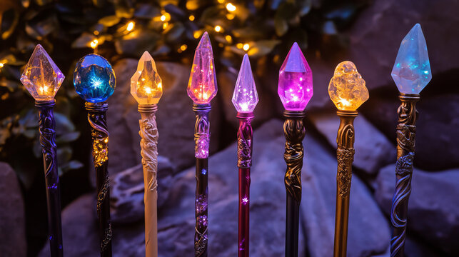 Set of magic wands, wizard or witch sticks with glowing gems, frozen ice crystal, pink glass star and green twisted rod. Rpg fantasy game assets, magician fairy tale staff, Cartoon vector illustration