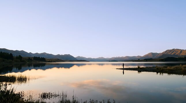 Silhouette of Person Standing by Calm Lake at Dawn