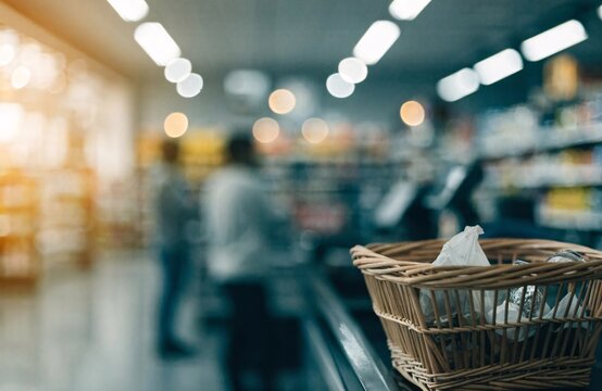 Wicker shopping basket on a checkout conveyor belt in a busy supermarket with blurred people