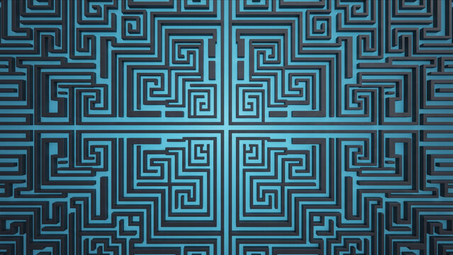 幾何学的な迷路全体を真上から俯瞰したシアンの光が導く抽象的なCG背景