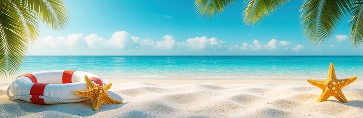 Fototapeta premium Tropical beach scene with white sand, turquoise ocean water. Summer vacation podium background features lifebuoy ring, starfish on shore. Palm leaves frame sunny seascape for travel promotion holiday