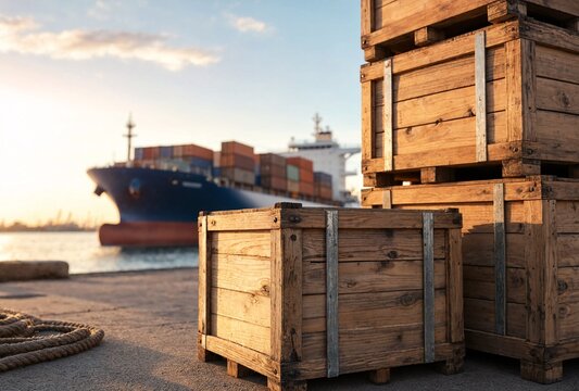 Wooden shipping crates on a harbor dock with a massive cargo ship in the golden light