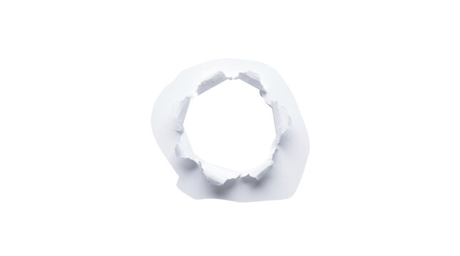 White torn paper circle hole, ragged ripped sheet with uneven frayed edges and curled texture, circular opening in blank material for creative projects, isolated on transparent background