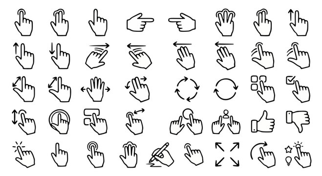 Touchscreen hand gestures icon set, 40 line vector elements for mobile app interface, black outline finger click and swipe symbols for digital navigation