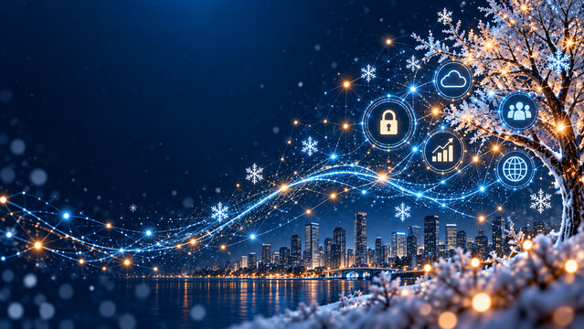 Winter city with snowflakes and a glowing digital network，冬の都市に舞う雪の結晶と光るデジタルネットワーク