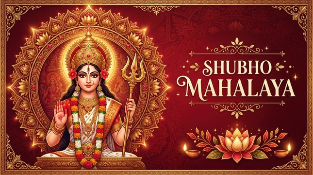 Hindu goddess with crown and garlands holding a trident, seated before an ornate mandala; lotus flowers and lamps at bottom, with greeting text &ldquo;SHUBHO MAHALAYA&rdquo;