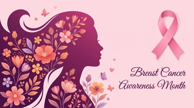 Pink ribbon beside silhouette of woman with flowing hair filled with flowers and leaves; small hearts and petals around; text reads &ldquo;Breast Cancer Awareness Month&rdquo;