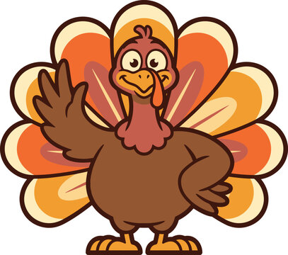 Friendly cartoon turkey character waving hello isolated on white background for thanksgiving holiday celebration design