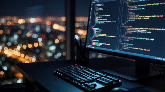 Software developer works on web programming at night. Computer monitor shows lines of code on dark screen. Modern workspace with keyboard near window overlooking blurry city lights. Tech expert