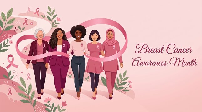 Illustration of five diverse women holding hands with a large pink ribbon and small ribbon icons; text reads &ldquo;Breast Cancer Awareness Month&rdquo;. Banner, poster for social media.