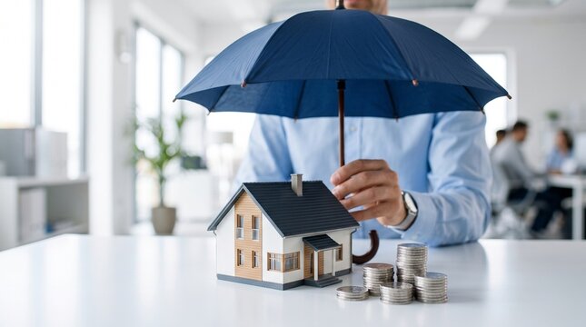 Home insurance protection concept featuring umbrella sheltering house investment