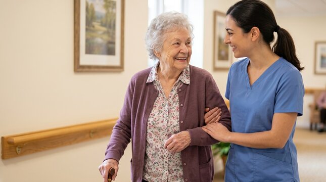 Smiling caregiver in scrubs supports an elderly woman with a cane while walking in a care facility hallway with framed artwork and handrail. No visible text