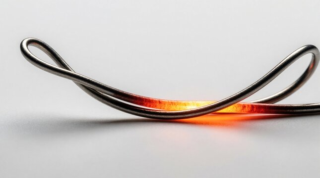 Macro view of curved metal wire glowing bright orange from intense heat. Hot incandescent steel strand shows thermal energy, electrical resistance. Molten metal core shines on white background.