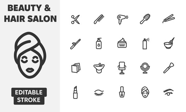 Beauty and hair salon line icon set. Barber, cosmetics, and spa tools vector illustration with editable stroke.