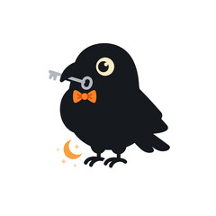 Fototapeta premium Black crow holding a key in its beak illustration.