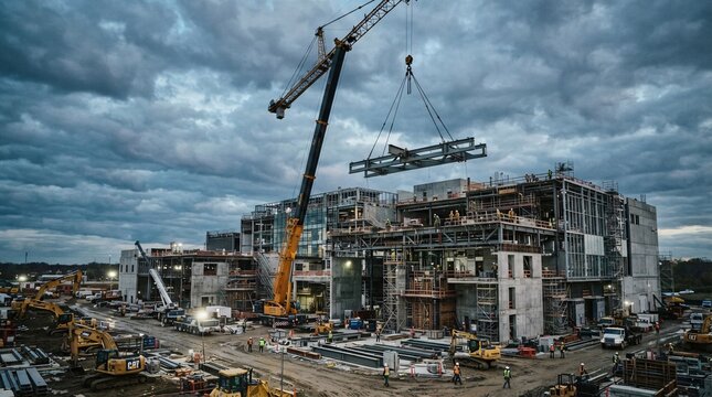 Tower crane lifting heavy steel structures at a large modern commercial building construction site under cloudy skies.
