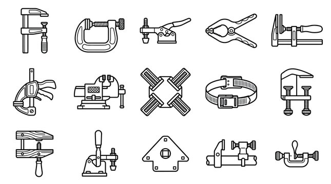 Set of various industrial clamps and woodworking tools in a linear vector style