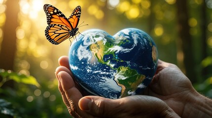 Fototapeta premium Human hands hold heart shaped planet earth in forest. Orange monarch butterfly sits on blue globe. Concept of nature conservation, ecology protection, global sustainability. Save world, care for