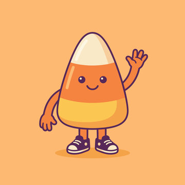 Cheerful candy corn character waving with a friendly smile.