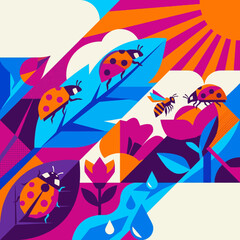 Fototapeta premium Colorful geometric illustration of ladybugs and a bee among stylized flowers and leaves under a bright sun