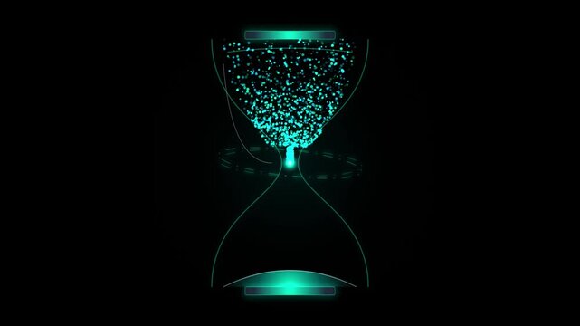 Quantum hourglass of dense teal luminescent particles with glowing pink paths creating a futuristic time visualization in a seamless motion loop
