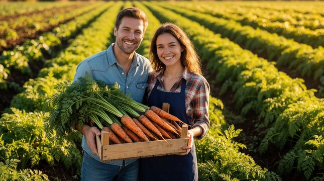 Smiling young couple holds wooden crate with fresh organic carrots in vegetable field. Happy farmer man, woman in apron celebrate successful harvest at sunset. Rural agriculture life, healthy food