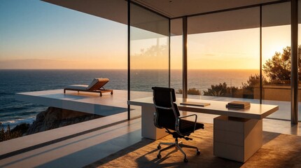 Obraz premium Modern home office with minimalist desk, chair. Large glass windows offer luxury ocean view at sunset. Contemporary workspace features terrace with lounge chair overlooking sea. Peaceful villa