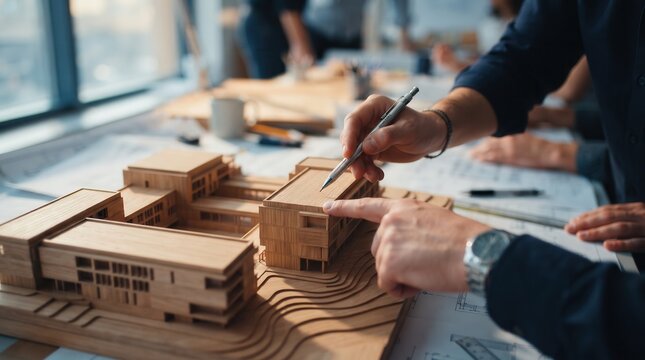 Architect hands pointing at wooden architectural model with mechanical pen, capturing professional precision and sustainable building design for real estate development and urban planning.