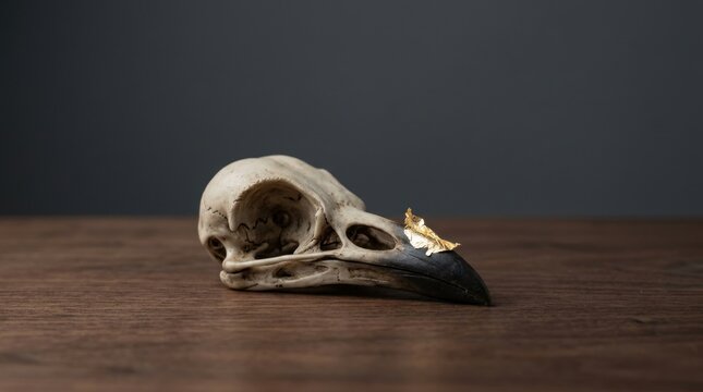 Real bird skull resting on dark wooden table surface.