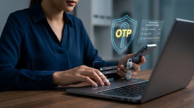 Woman using laptop and smartphone for secure two-factor authentication with digital OTP shield for online cybersecurity protection