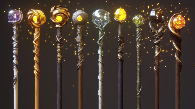 Set of magic wizard staffs isolated on background. Vector cartoon illustration of wooden, silver, golden sticks decorated with yellow gemstone crystals, shimmering particles sparkling, sorcerer tool