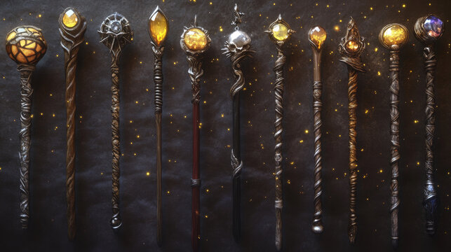 Set of magic wizard staffs isolated on background. Vector cartoon illustration of wooden, silver, golden sticks decorated with yellow gemstone crystals, shimmering particles sparkling, sorcerer tool